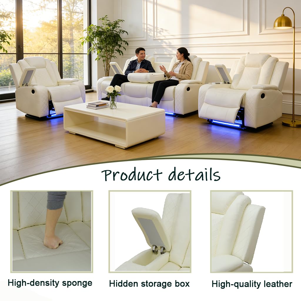Power Leather Recliner Sofa Set with LED, Leather Living Room Set, Reclining Couch Set with USB Port/Cup