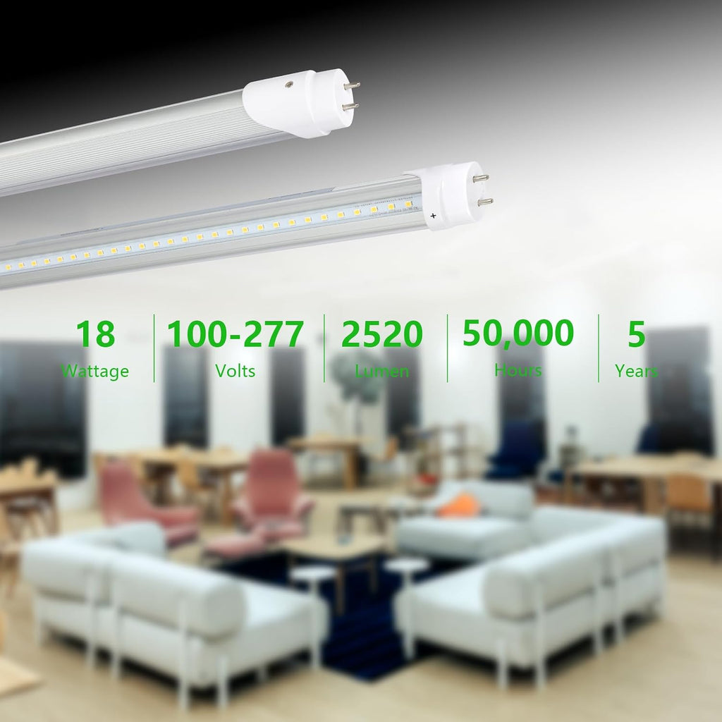 4FT T8 T12 LED Type A+B Tube Lights Dimmable, 18W 5000K 2520lm, F32T8/F40T12 Fluorescent Light Bulbs Replacement