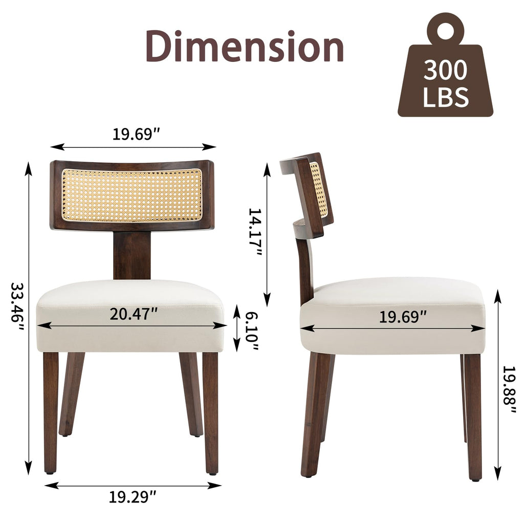 Upholstered Rattan Dining Chairs Set of 2, Mid-Century Modern Fabric Dining Room Chairs with Brown Hardwood Frame