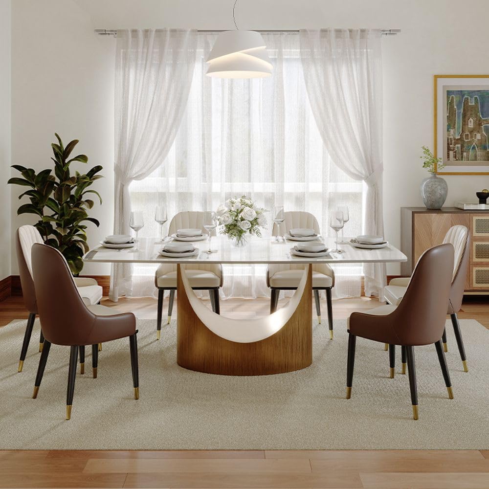 71" Hobart Modern Rectangular Dining Table for 6, Glossy White Sintered Stone Tabletop with Bronze Carbon Steel