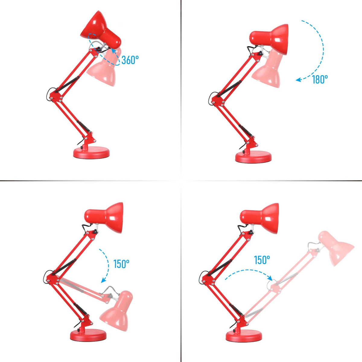 Metal Desk Lamp, Adjustable Swing Arm, E26, Red