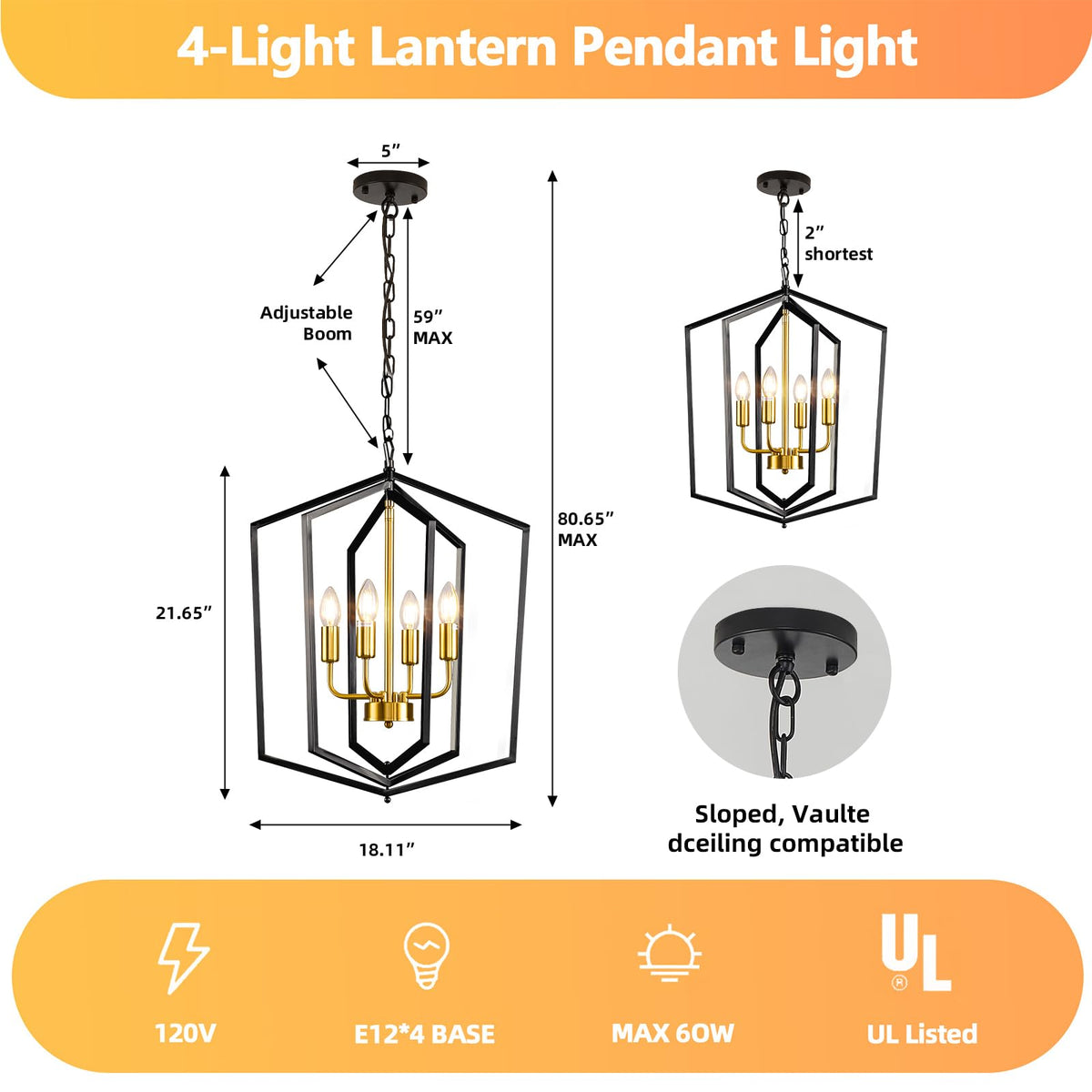 18.1" Black and Gold Chandelier, 4-Light Farmhouse Dining Room Light Fixture, Modern Foyer Lighting Fixtures, Rustic