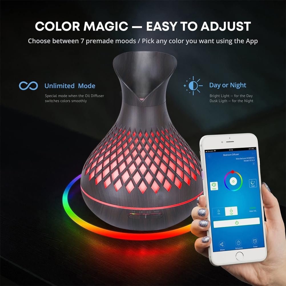 Smart WIFI Essential Oil Diffuser, 500ml Aromatherapy Diffuser Humidifier for Large Room, Works with Phone App &