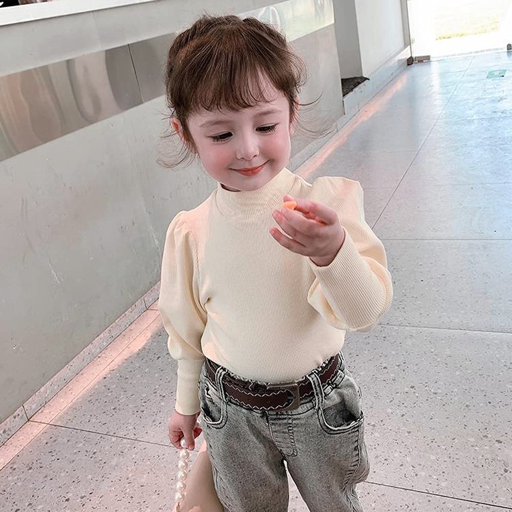 Toddler Baby Girl Basic Solid Color Turtleneck T Shirt Ribbed Knit Top Puff Long Sleeve Soft Cotton