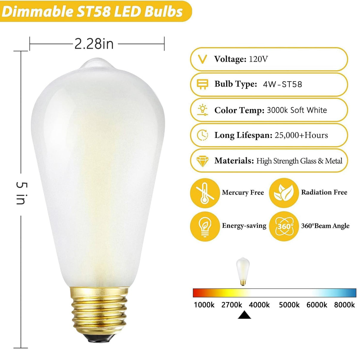 Dimmable E26 LED Bulb 40W Frosted Edison Light Bulb 3000K Soft White