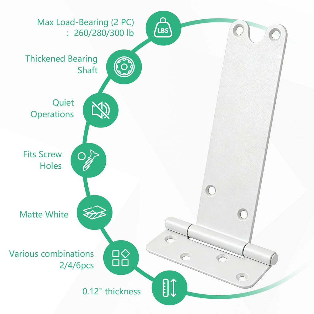 8 inch Gate Hinges, 300 Lbs Capacity, Matte White Hinges, 6 Pack Heavy Duty Door Hinge, T-Strap Shed Gate
