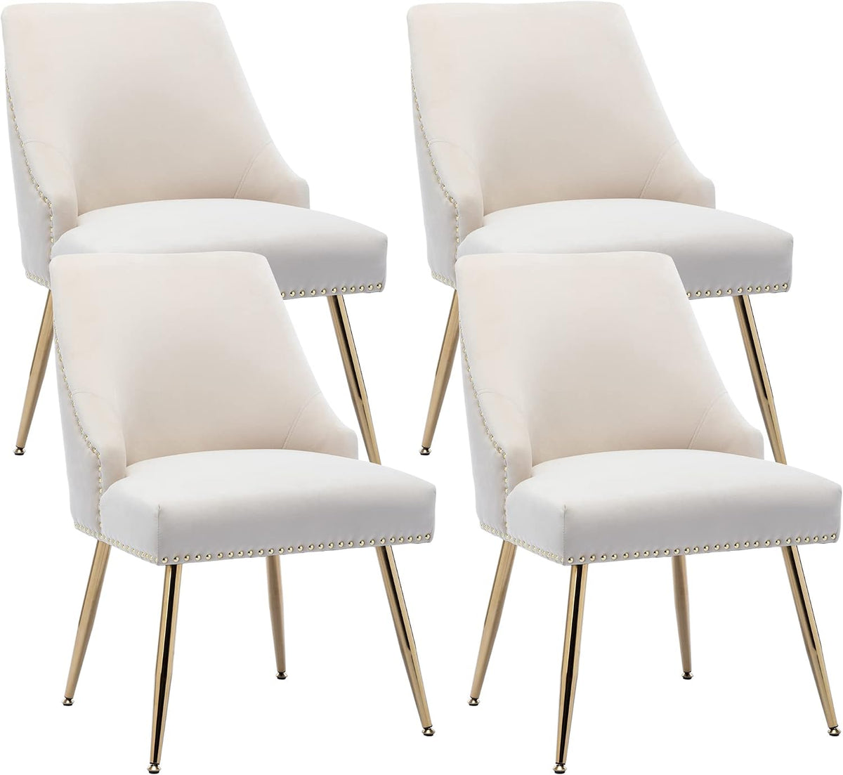 Velvet Dining Room Chairs Set of 4 Nailhead Back Ring Pull Trim with Gold Legs for Kitchen Living Room(Beige)