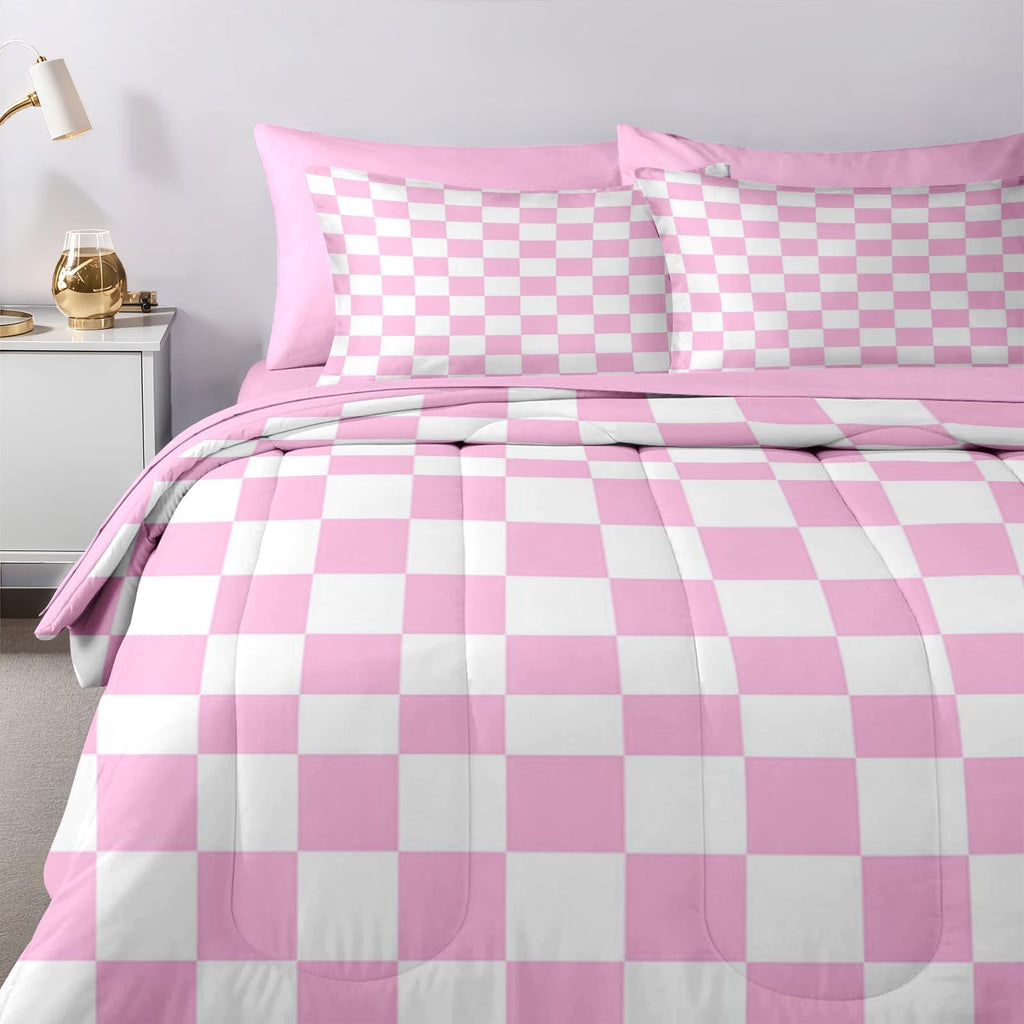 Comforter Set with Sheets, 7 Pieces Pink Plaid Bedding