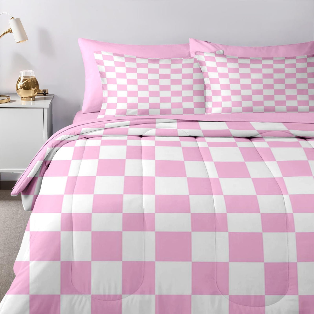 Comforter Set with Sheets, 7 Pieces Pink Plaid Bedding