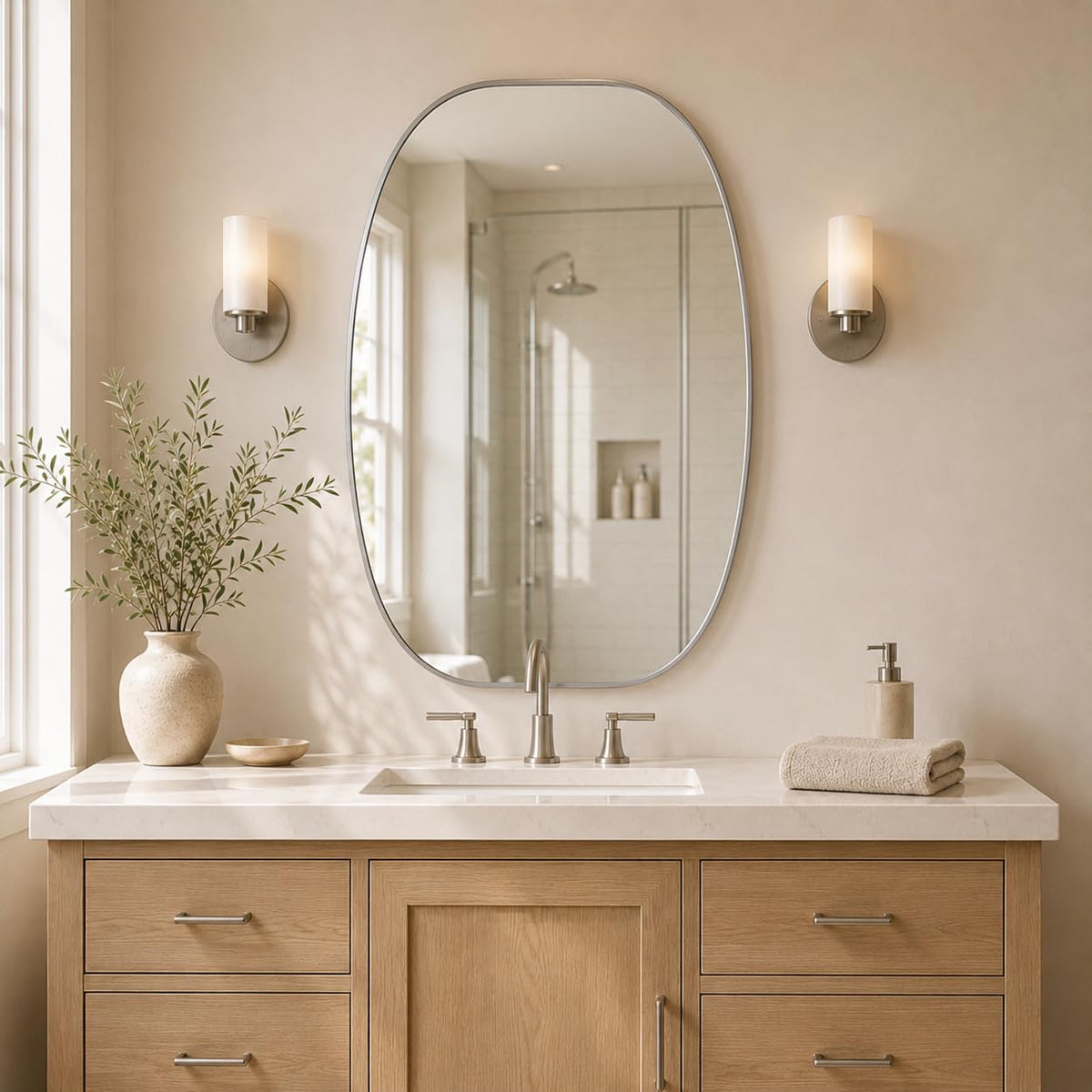 Silver Oval Bathroom Mirror 20x30 Inch, Oblong Vanity Mirror