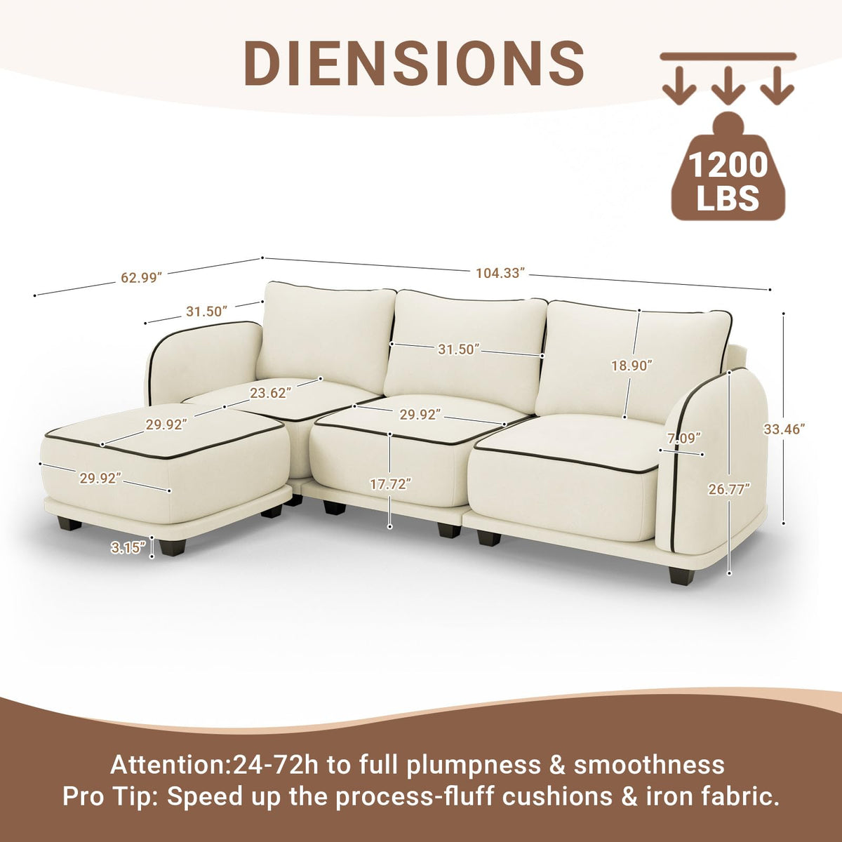 104 Inch L Shaped Modular Sectional Sofa, 4 Seater Modern Cloud Chenille Comfy Couch with Movable Ottoman & 3 Back