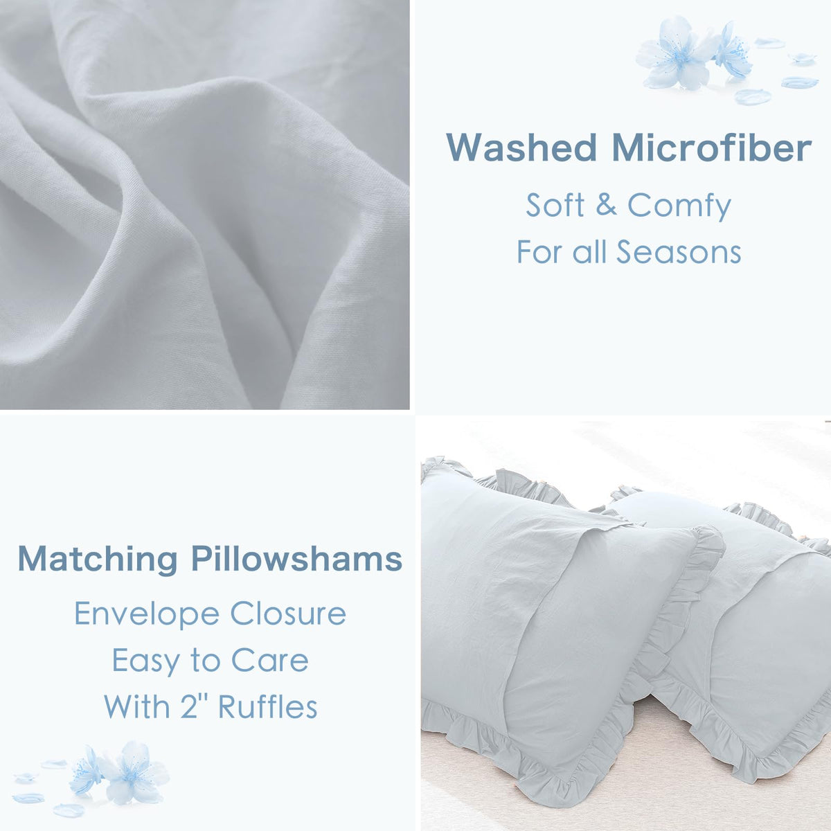 Ruffled Comforter Set for Queen Bed, 3 Pieces Vintage Farmhouse Shabby Bedding Set Lightweight Ultra Soft French