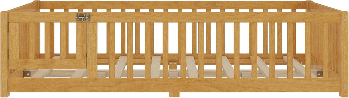 Full Size Montessori Floor Bed with Slats and Center Support Bar, Full Size Floor Bed with Door and Fence, Easy