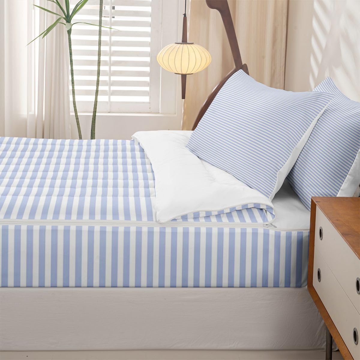 Blue White Stripe Zipper Bedding Set