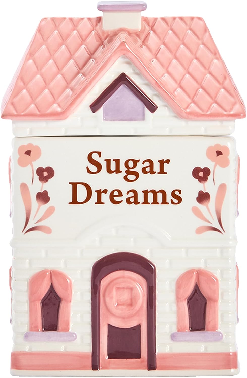Spice Cottages 7.5-Inch Pink Ceramic Cookie Jar, Hand-Painted House-Shaped Airtight Container for Cookies, Treats &