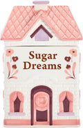 Spice Cottages 7.5-Inch Pink Ceramic Cookie Jar, Hand-Painted House-Shaped Airtight Container for Cookies, Treats &