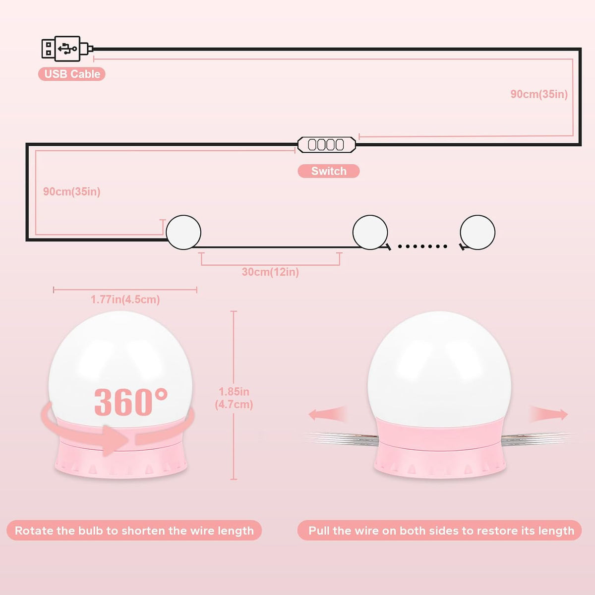LED Vanity Lights For Mirror, Pink Vanity Light Stick on with 10 Bulbs