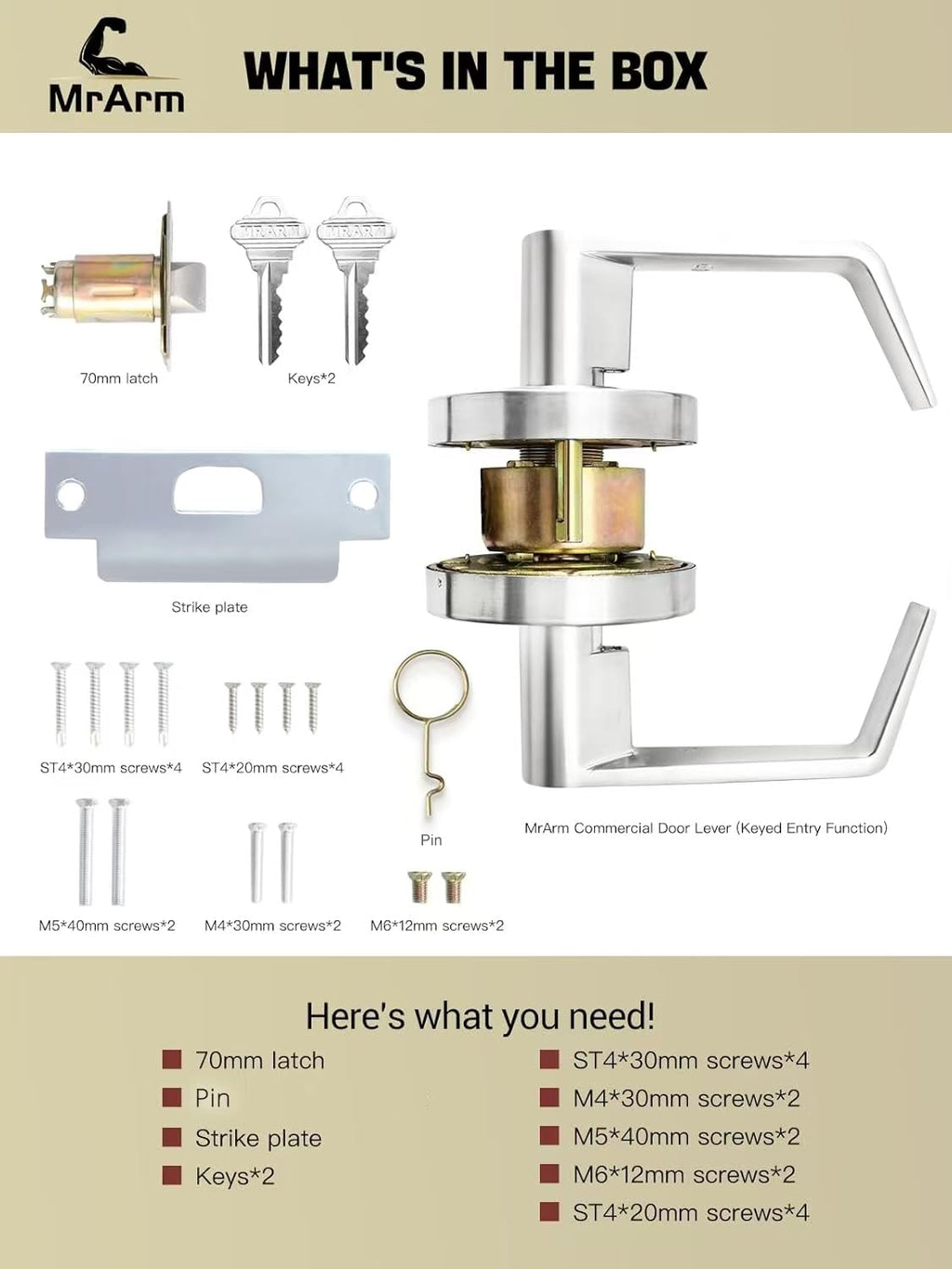 Commercial Door Lever Lock, Heavy-Duty Locking Door Handle, Designer Door Handles, Cylindrical Lever Lock, Non-Handed