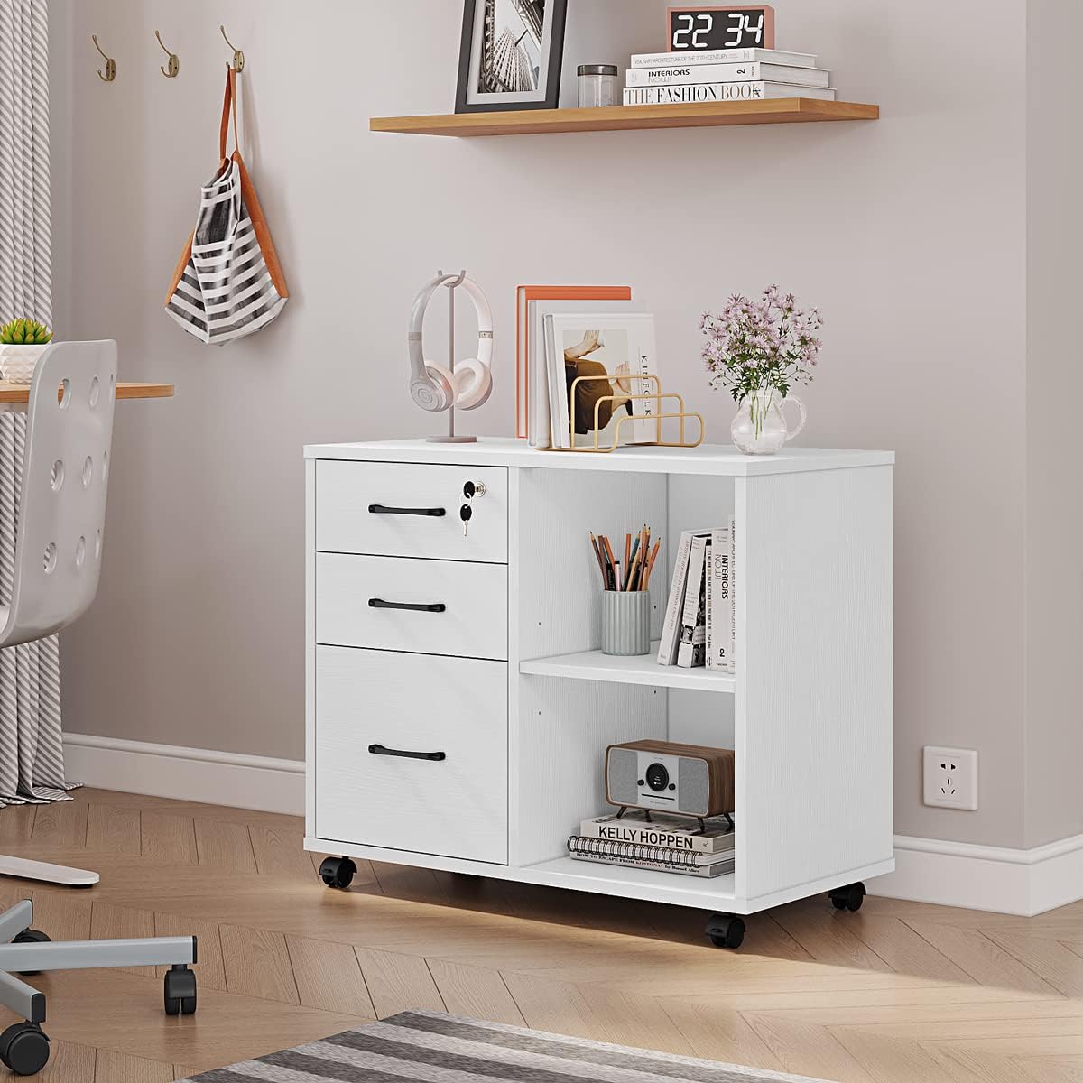 3 Drawer Office File Cabinets, Mobile Lateral Printer Stand with Open Storage Shelf, Rolling Filing Cabinet with