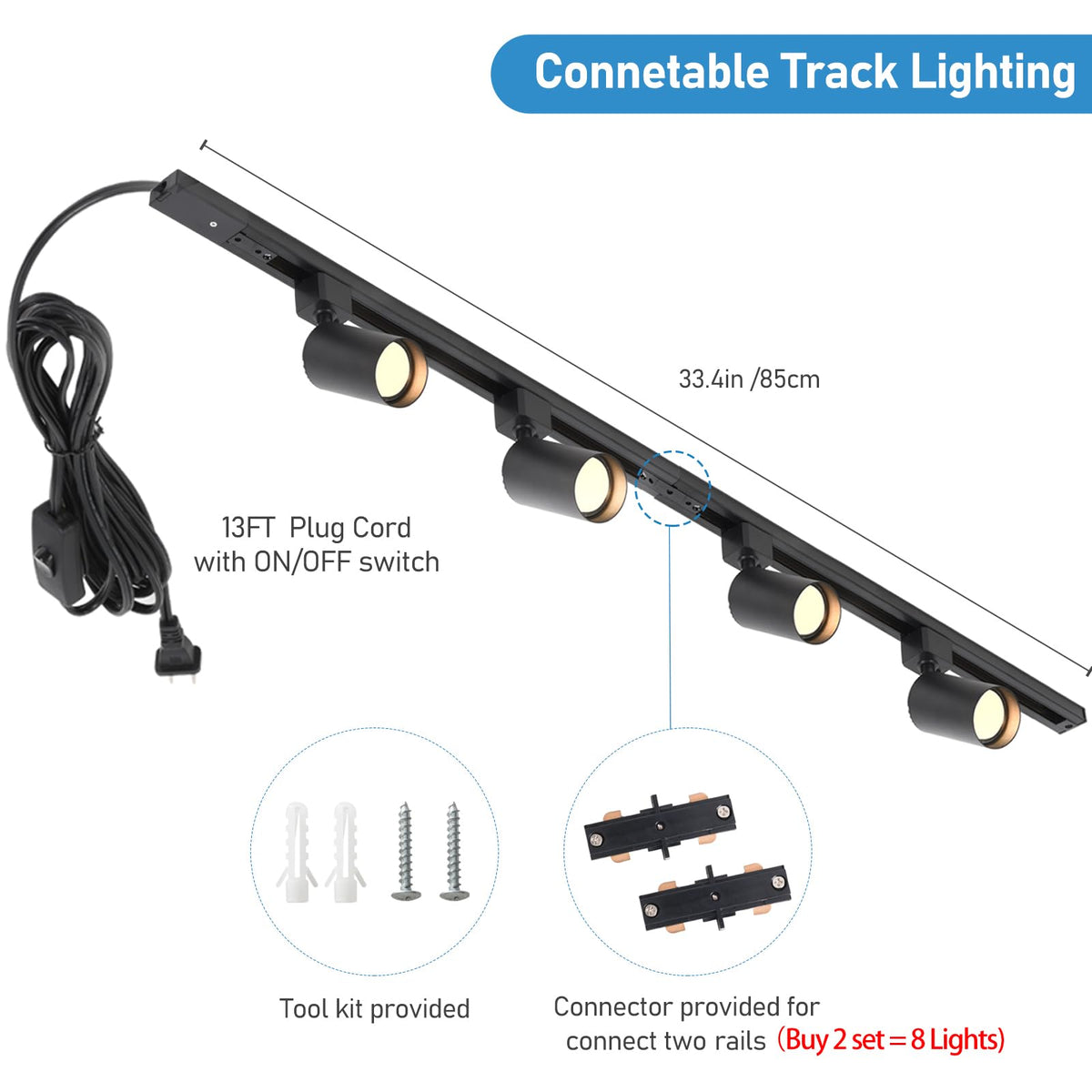 Plug in Track Lighting with Power Cord, 4-Light GU10 Track Lighting Kit with Track Rail, Modern Kitchen LED Track