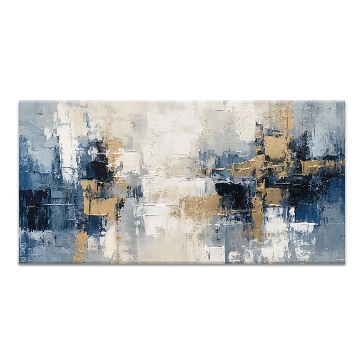 Blue and Gold Abstract Canvas Print Painting Indigo Modern Wall Art Bedroom Home Office Decor