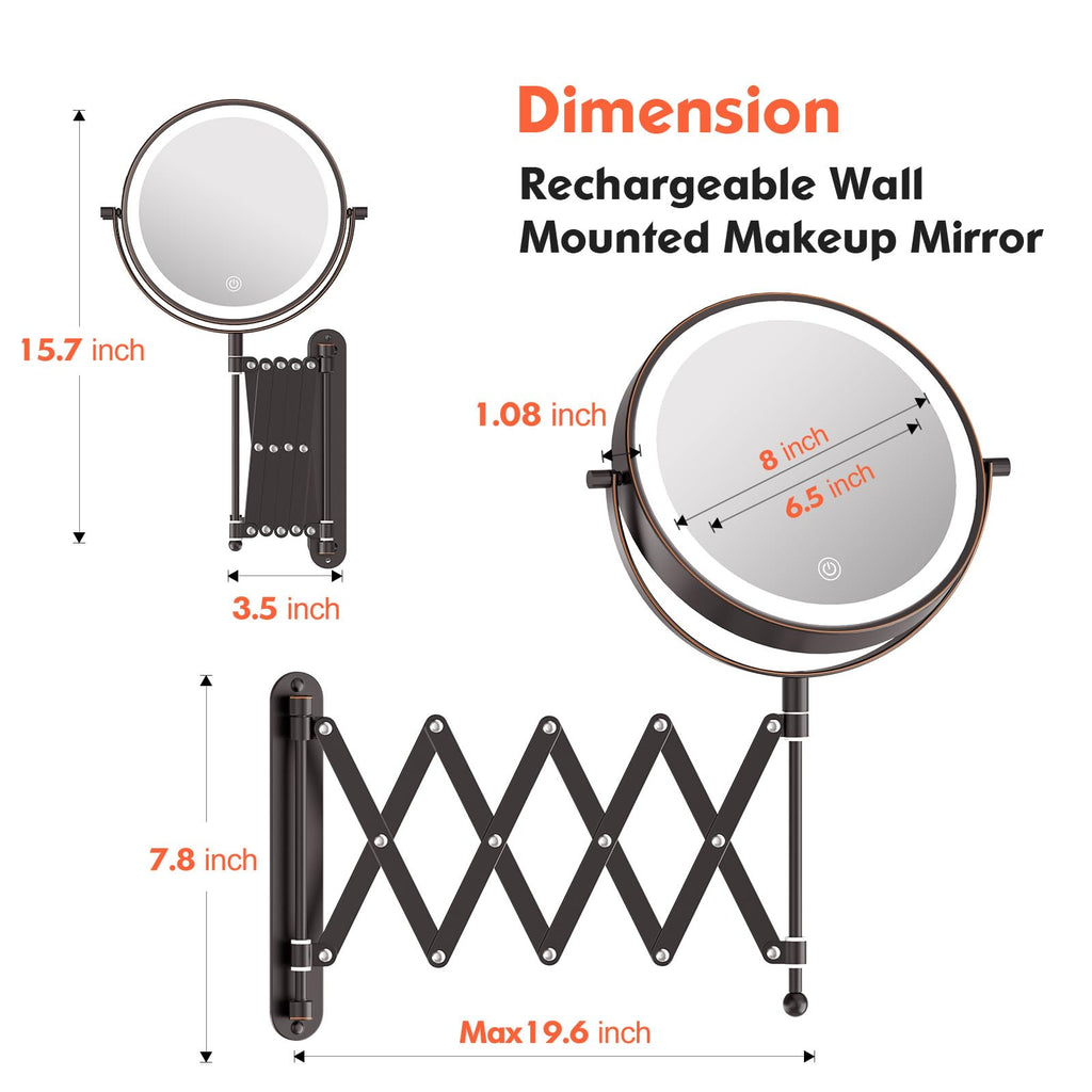 8" Rechargeable Wall Mounted Makeup Mirror Double Sided Magnifying