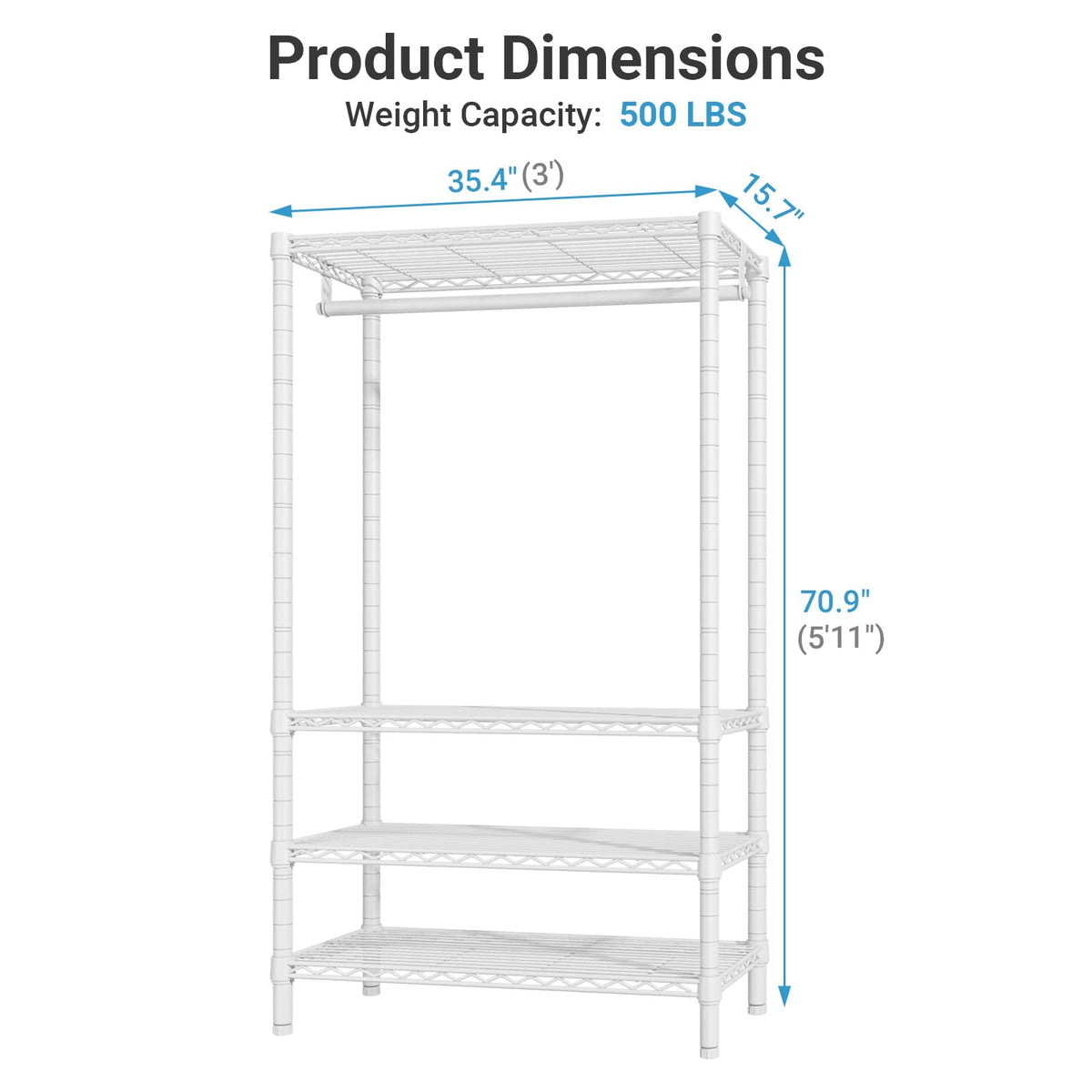 V1 4-Tier Clothes Rack with Hanging Rod, Freestanding Closet, White