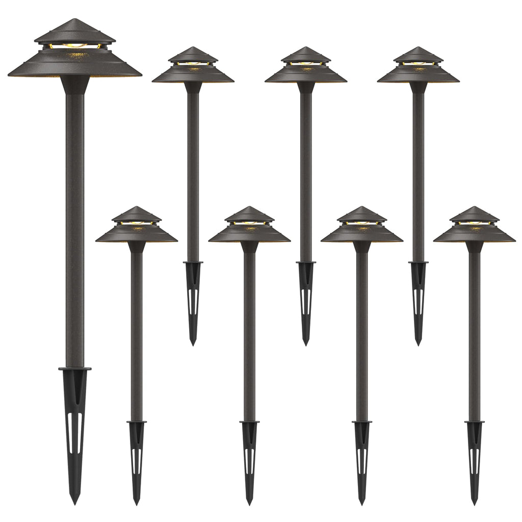 Pathway Lights Kits 3W LED 8PK Outdoor Low Voltage Landscape Lighting 180 Lumen Hardwired 2 Tier Pagoda Path Light