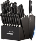 Knife Set, 21 Pieces Kitchen Knife Set with Block and Sharpener, Ultra-Sharp Knives Set with Ergonomic Handles, Black