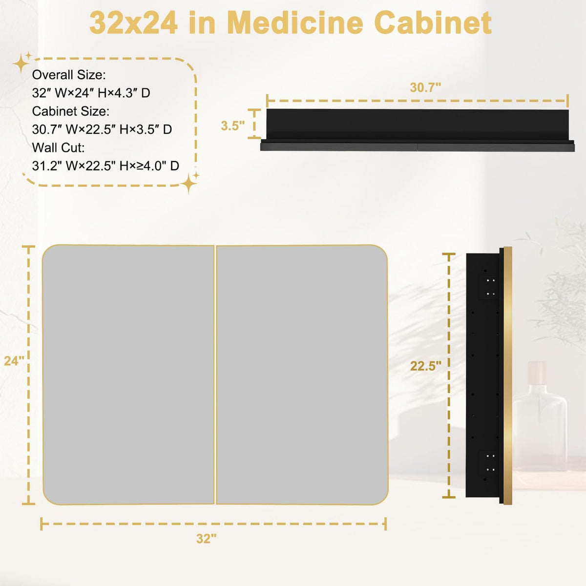 32x24 in Brushed Gold Double Door Medicine Cabinet with Mirror | Fully Assembled; Recessed or Surface Wall Mount;