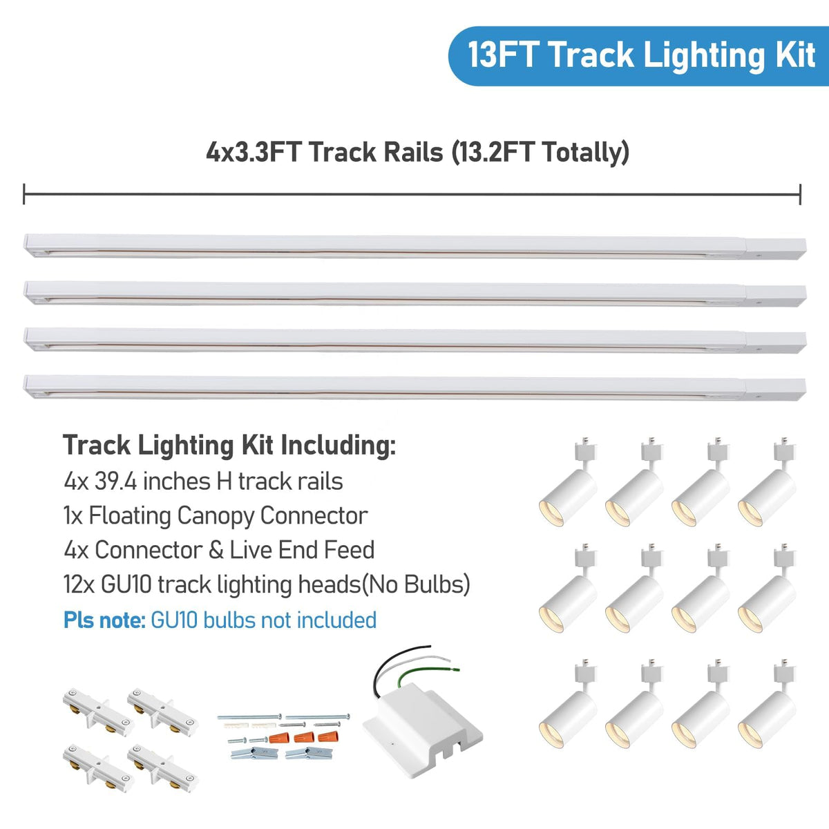 12 Lights LED Track Lighting Kit with 13FT H Track Lighting Rails & Floating Canopy Connector, GU10 Track Light Kit