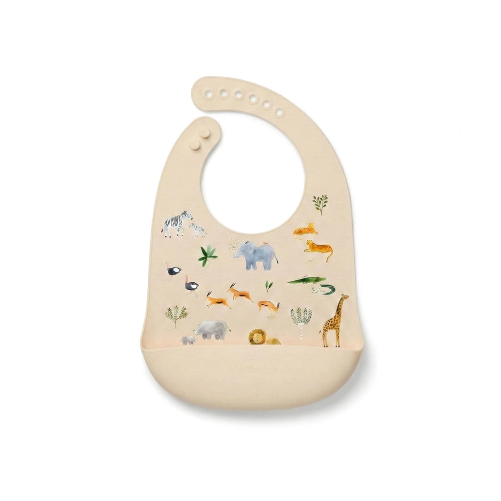 Waterproof Silicone Feeding Bib for Babies & Toddlers, Catch-All Pouch, Easy Clean, 3-36 Months - Safari Jungle