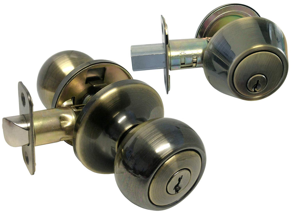 1 Sets Antique Brass Entry Entrance Round Knob with Matching Single Cylinder Deadbolt Combo Pack Keyed Alike