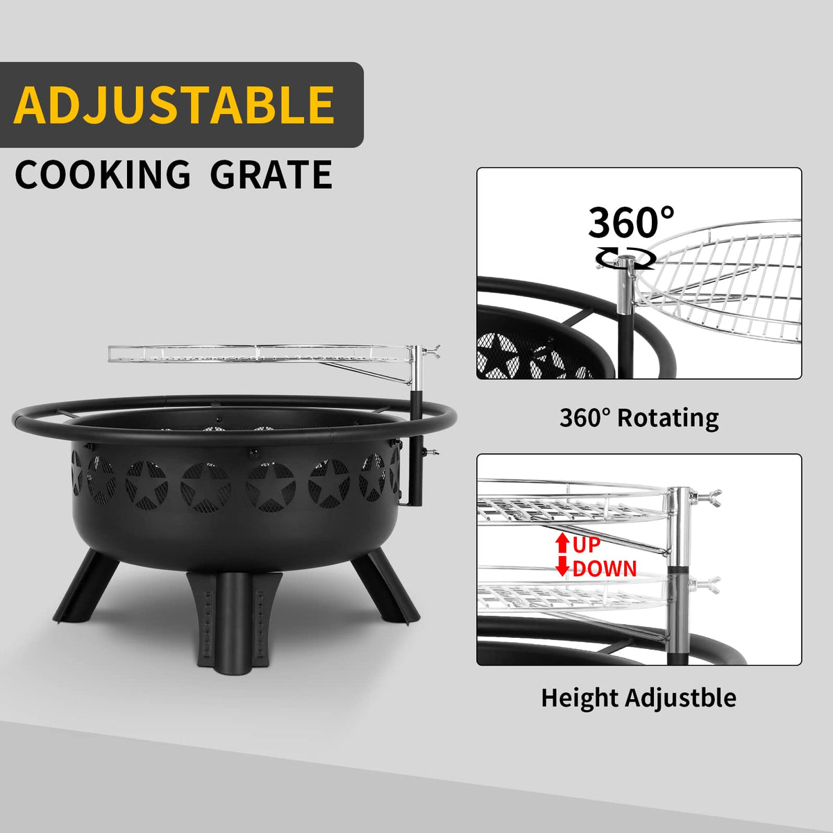 2 in 1 Fire Pit with Grill, Large 31" Wood Burning Fire Pit with Swivel Cooking Grate Outdoor Firepit for Backyard