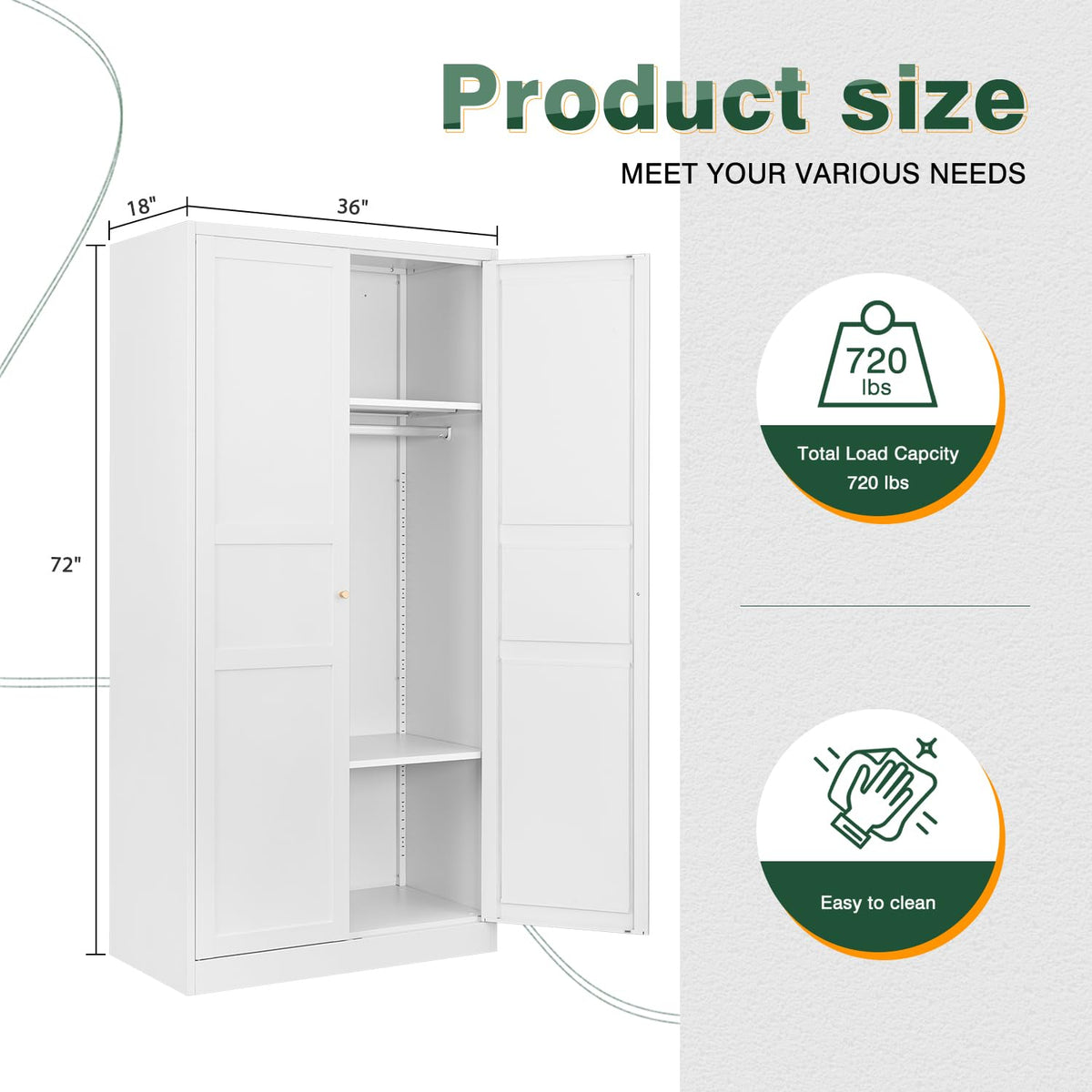 Wardrobe Armoire Closet, 72" H Metal Storage Cabinet with Adjustable Shelves and Hanging Rod, Bedroom Armoire Cabinet