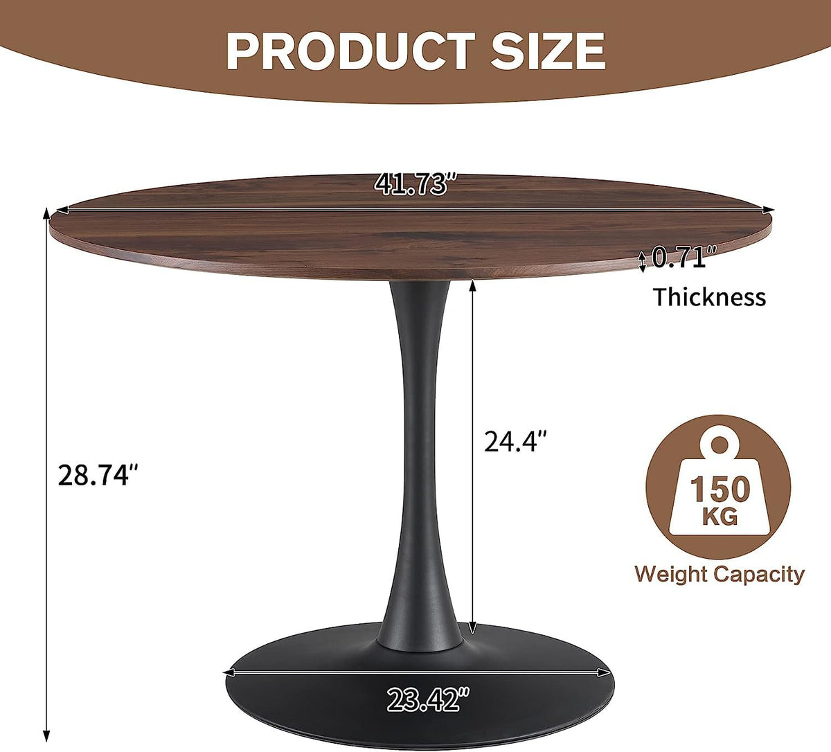 Inspired Saarinen Style 42 Inch Walnut Round Dining Table for 4, Tulip Dining Table with Thickened Tabletop & Sturdy Metal Pedestal, Mid