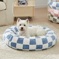 Checkered Dog Bed, Cute Blue Retro Style Aesthetic Round Warming Pet Calming Beds for Small Dog and Cats, Plush Cozy