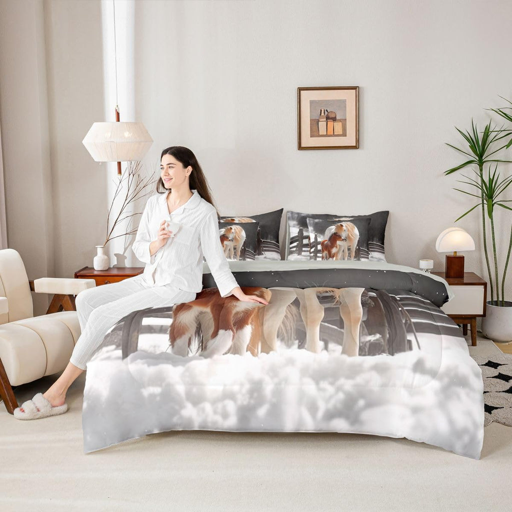 Western Horse 7 Piece Bedding Set | Rustic Cabin Snow Winter Comforter Set with Sheets Horse Bed in A Bag 3D