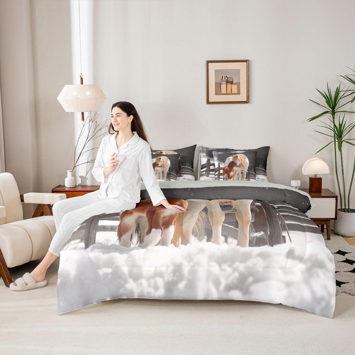 Western Horse 7 Piece Bedding Set | Rustic Cabin Snow Winter Comforter Set with Sheets Horse Bed in A Bag 3D