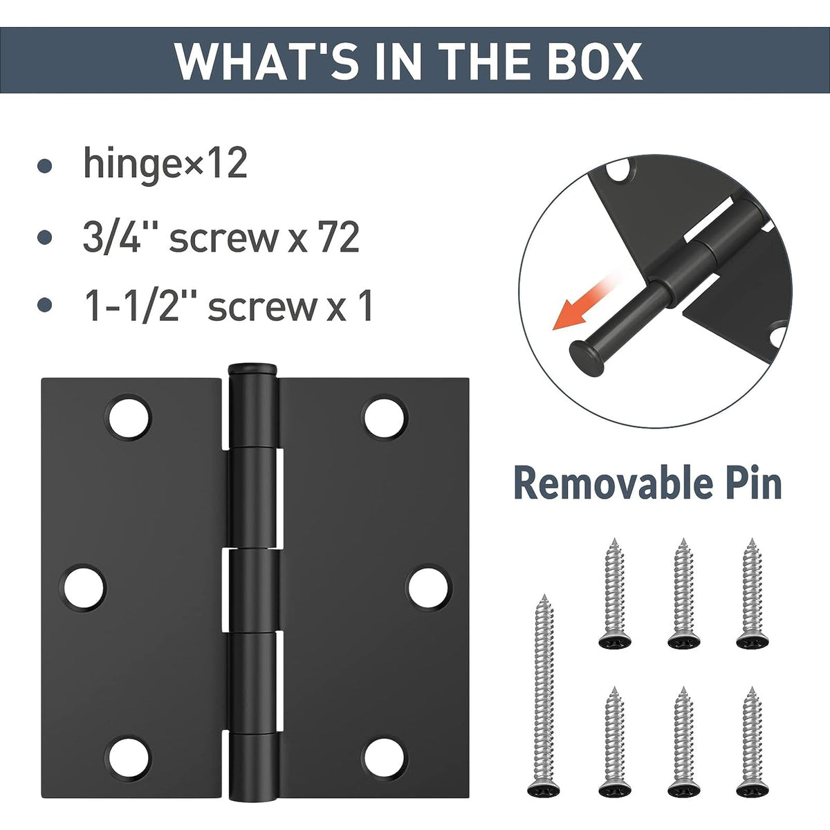 12 Pack 3.5" x 3.5" Black Square Door Hinges, Matte Black Interior Door Hinge Bathroom Door, 3 1/2 Inch Door Hinges