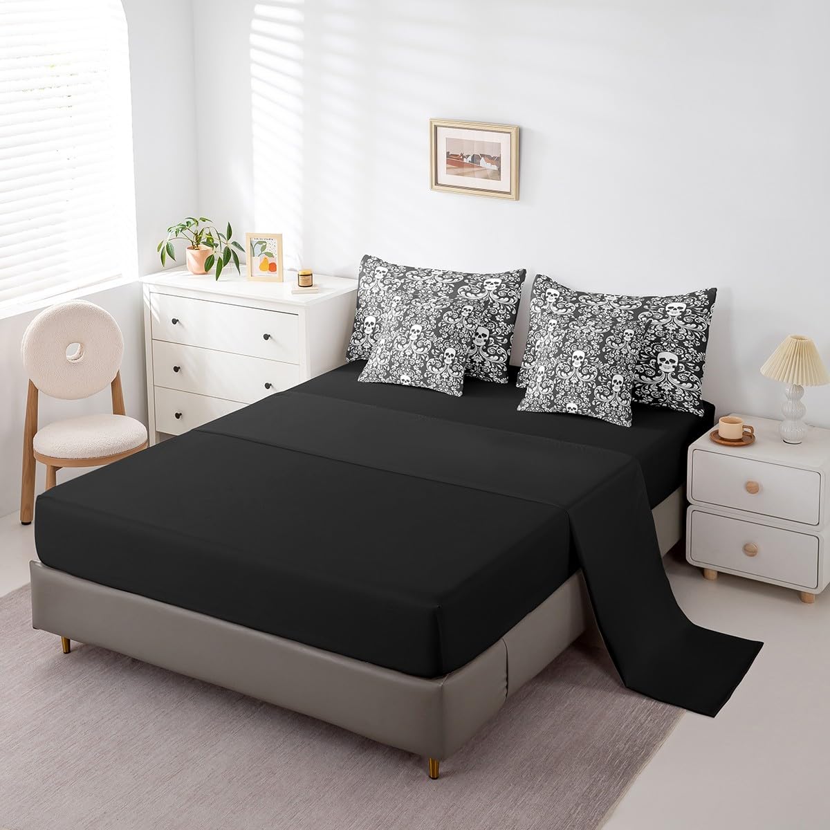 Damask Gothic Bedding Set Adults Antique Victorian 7 Piece Comforter Set Full Bed in a Bag, Black and White Sugar