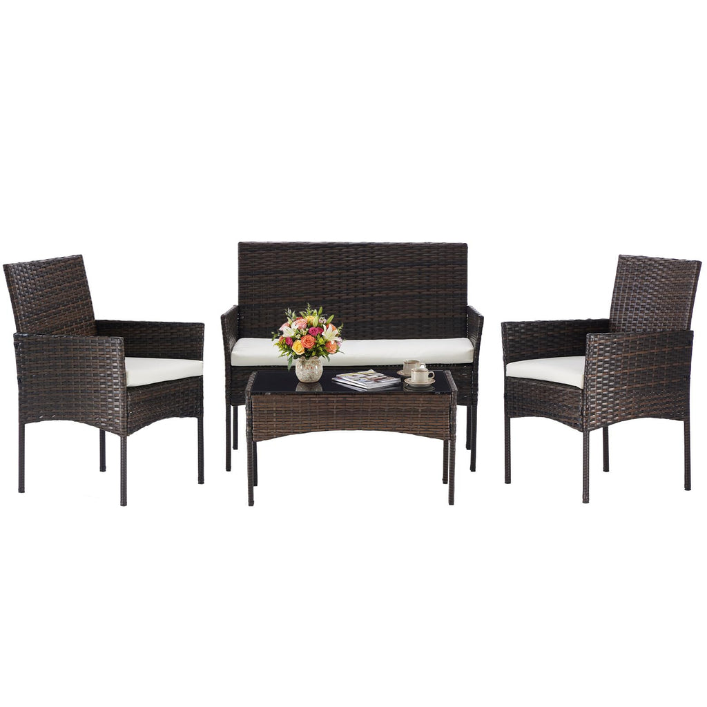 4-Piece Patio Furniture Set, Outdoor Rattan Seating Chair, Brown