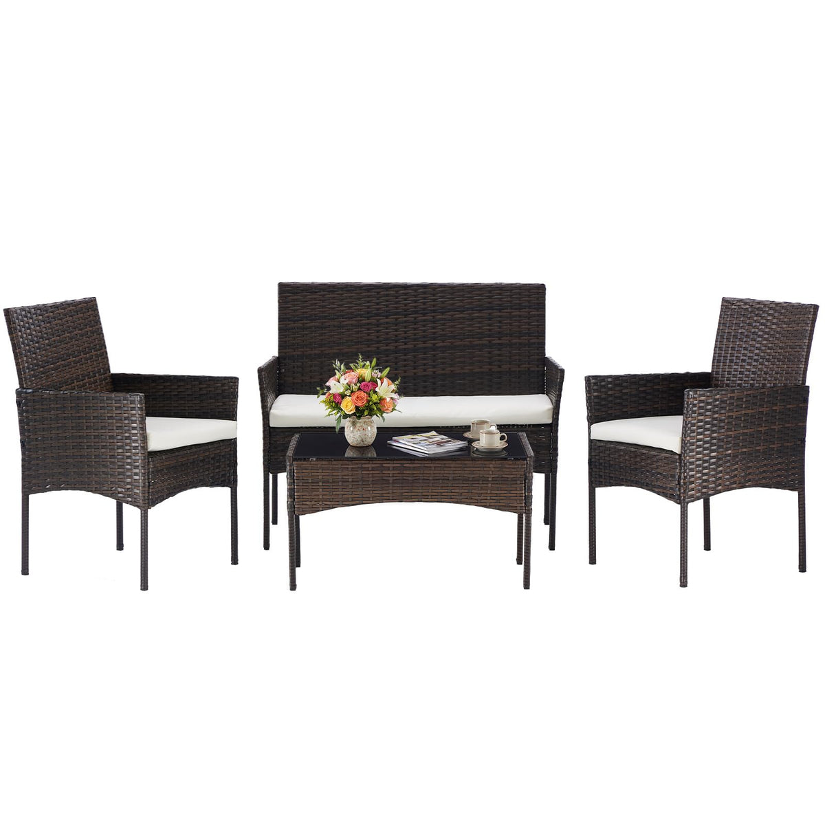 4-Piece Patio Furniture Set, Outdoor Rattan Seating Chair, Brown