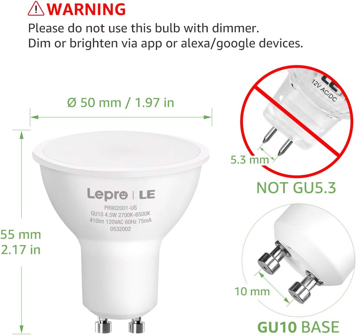 Alexa GU10 LED Light Bulbs - 50W Halogen Equivalent Smart GU10 Bulb Works with Alexa & Google Assistant,Voice and App