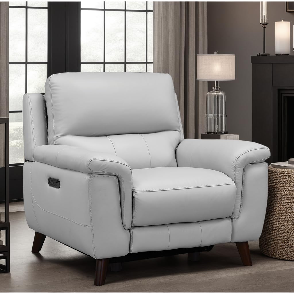 Lizette Contemporary Top Grain Leather Power Reclining Living Room Accent Chair, Dove Grey