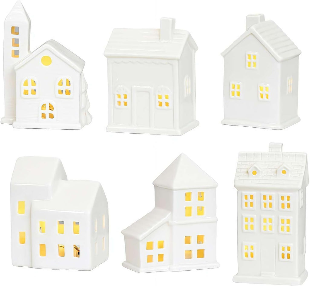 White Ceramic Christmas Village Houses, Christmas Village Sets, LED Lighted Christmas Village Houses, White Porcelain