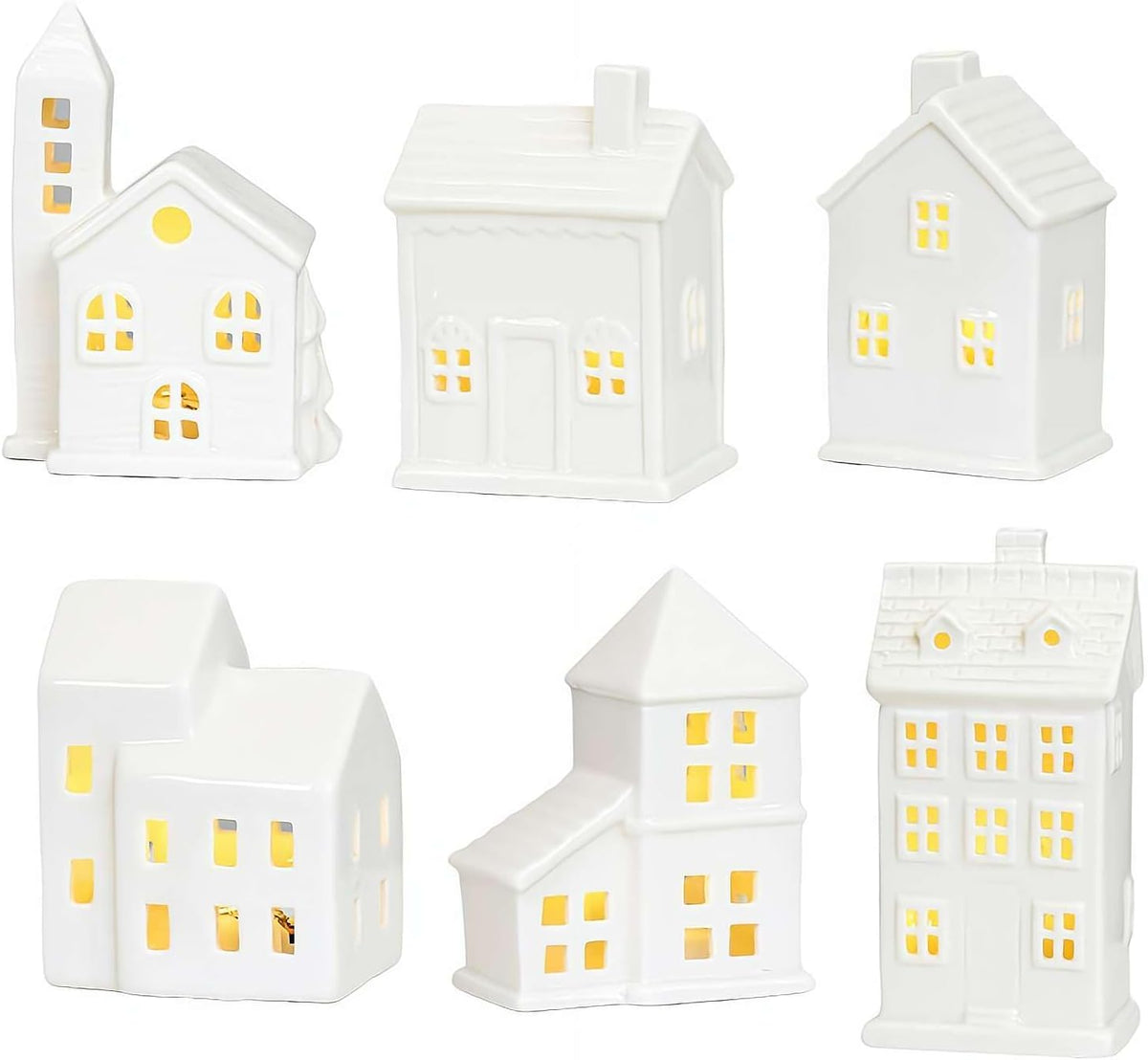 White Ceramic Christmas Village Houses, Christmas Village Sets, LED Lighted Christmas Village Houses, White Porcelain