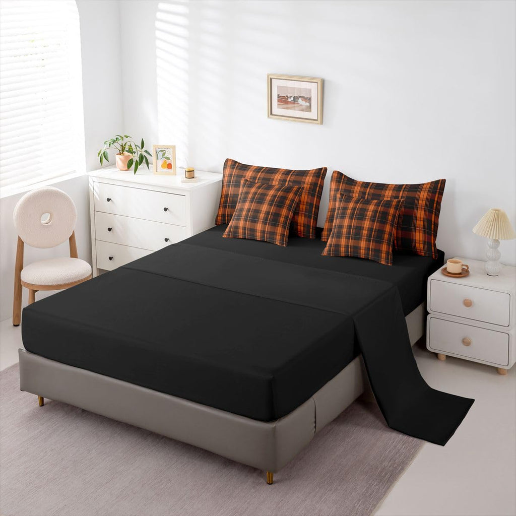 7 Piece Farmhouse Plaid Comforter Set Black Burnt Orange Classic Gingham Bedding Sets for Adults Men Women