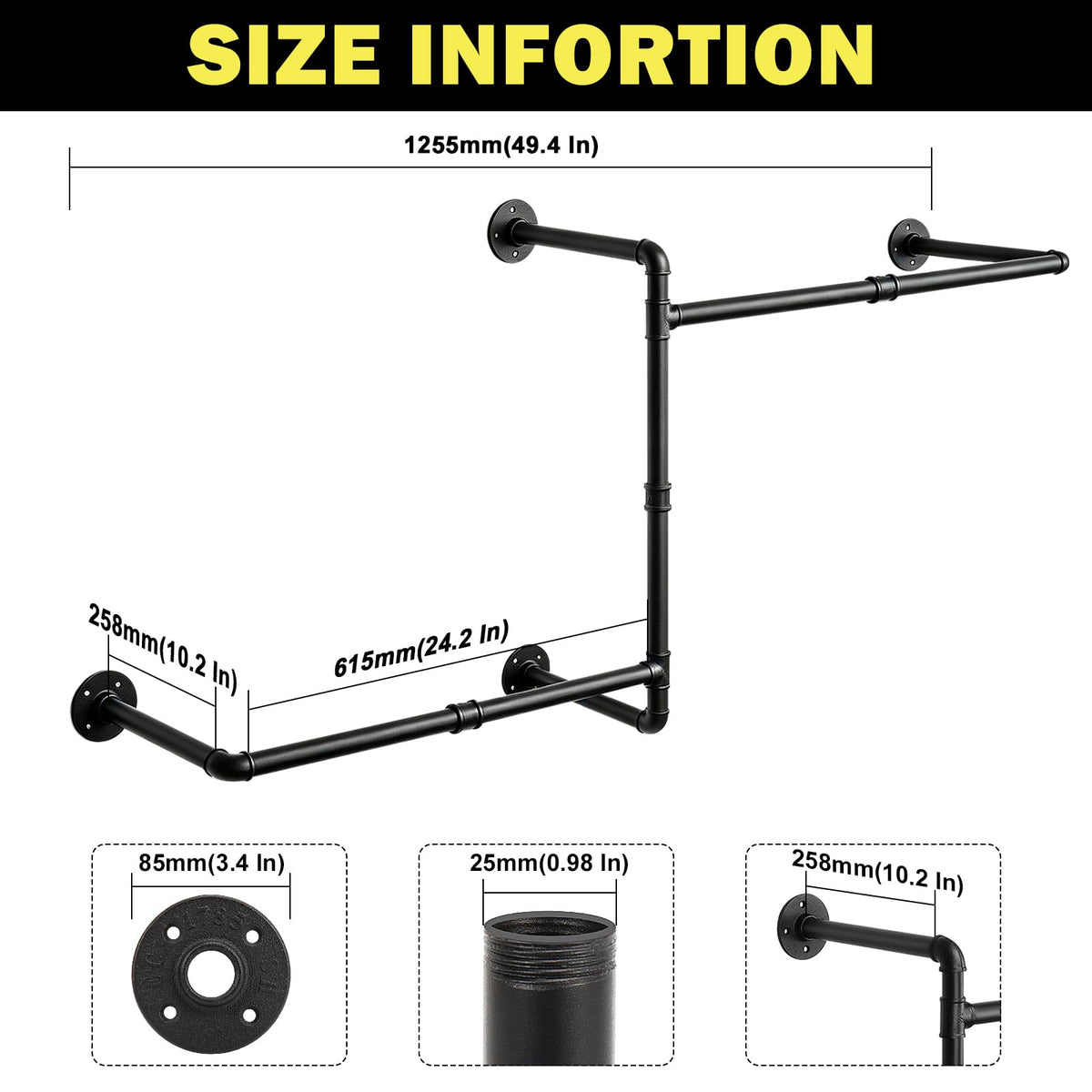 Industrial Pipe Clothes Rack, 50 In Heavy Duty Wall Mounted Garment Rack, DIY Rustic Iron Clothing Bar Closet Laundry