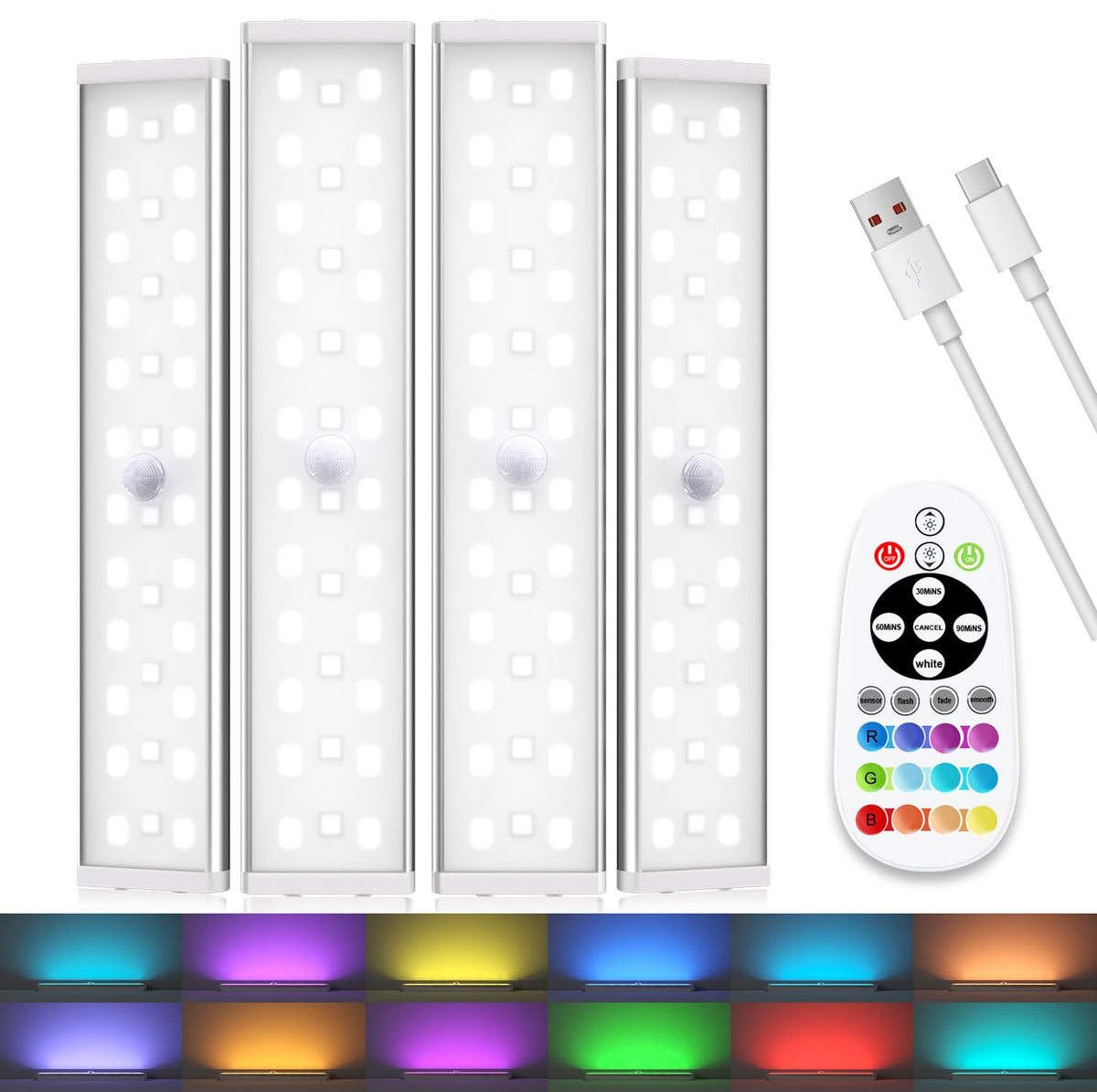 Under Cabinet Lighting Wireless, RGB LED Closet Lights, 4 Pack
